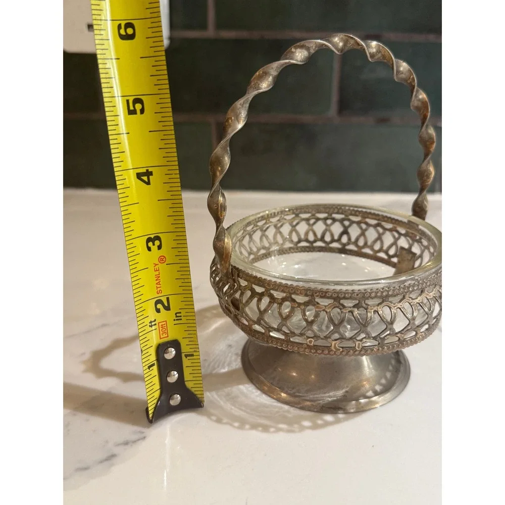Vintage Silver Plated Candy Dish Glass Insert Twisted Handle England Etched